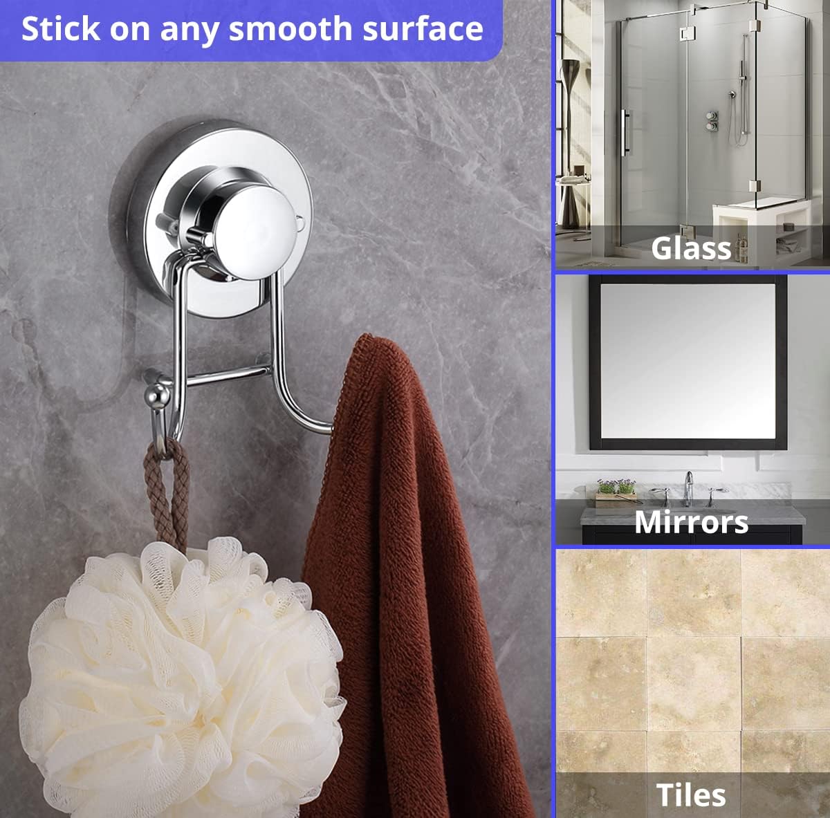 Suction Cup Hooks for Shower, Bathroom, Kitchen, Glass Door, Mirror, Tile – Loofah, Towel, Coat, Bath Robe Hook Holder for Hanging up to 15 lbs – Rustproof Chrome Stainless Steel 2-Pack