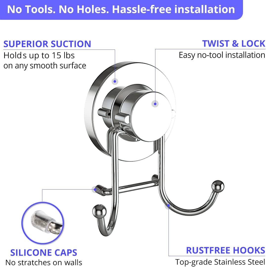 Suction Cup Hooks for Shower, Bathroom, Kitchen, Glass Door, Mirror, Tile – Loofah, Towel, Coat, Bath Robe Hook Holder for Hanging up to 15 lbs – Rustproof Chrome Stainless Steel 2-Pack