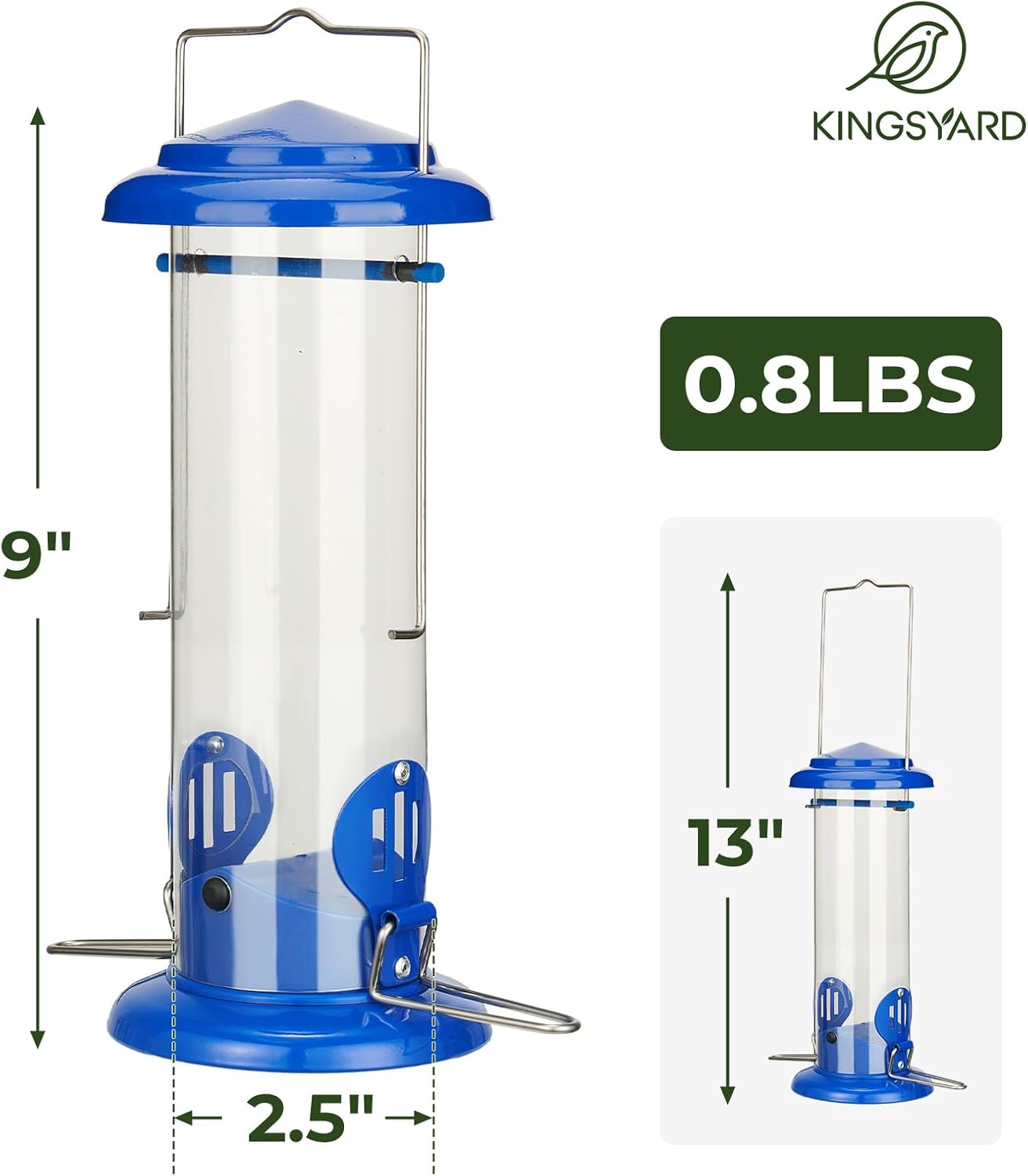 Upgraded Bluebird Feeder for Outdoors Hanging, Metal Mealworm Tube Bird Feeder with Widen Perch for Wild Birds, Squirrel Chew Proof, Easy to Refill & Clean Blue
