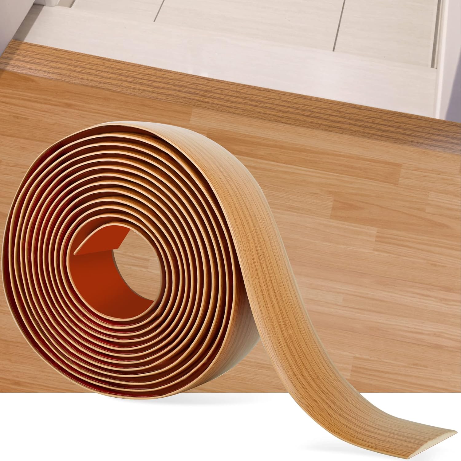 16.4Ft Floor Transition Strip Self Adhesive Vinyl Cover Floor Strip Flat Divider Transition Strip Wood Grain Design for Laminate Floor Gaps and Doorway Transitions 16.4Ft x 2 Inch, Light Brown