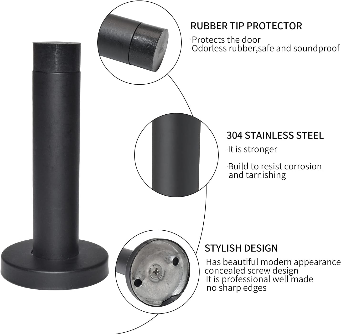 DOKU 10Pcs Door Stop, 3.5 Inch Heavy Duty 304 Stainless Steel Door Stopper with Rubber Tips Bumper, Wall Mounted Door Holder Protection Sound Dampening, Matte Black