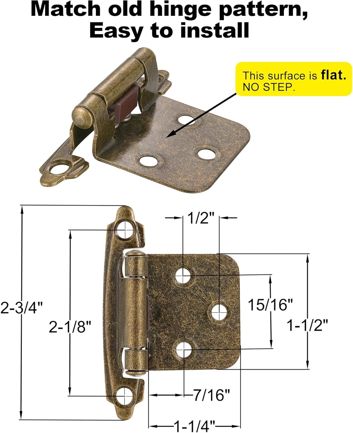 10 Pack 5 Pair Antique Brass Self Closing Cabinet Hinges for Kitchen Cabinet Door, 1/2" Overlay Variable Semi Concealed Kitchen Cabinet Hinges