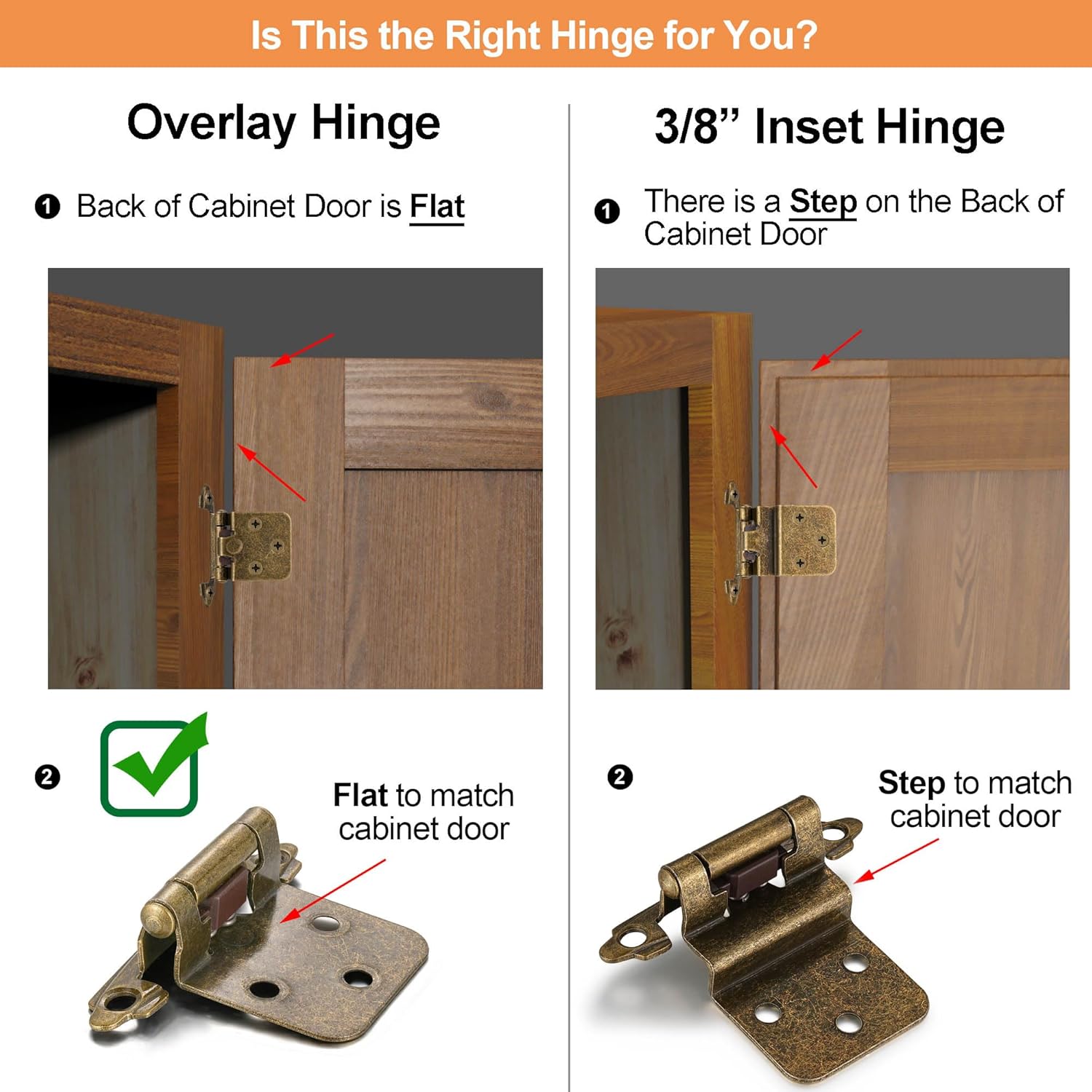 10 Pack 5 Pair Antique Brass Self Closing Cabinet Hinges for Kitchen Cabinet Door, 1/2" Overlay Variable Semi Concealed Kitchen Cabinet Hinges