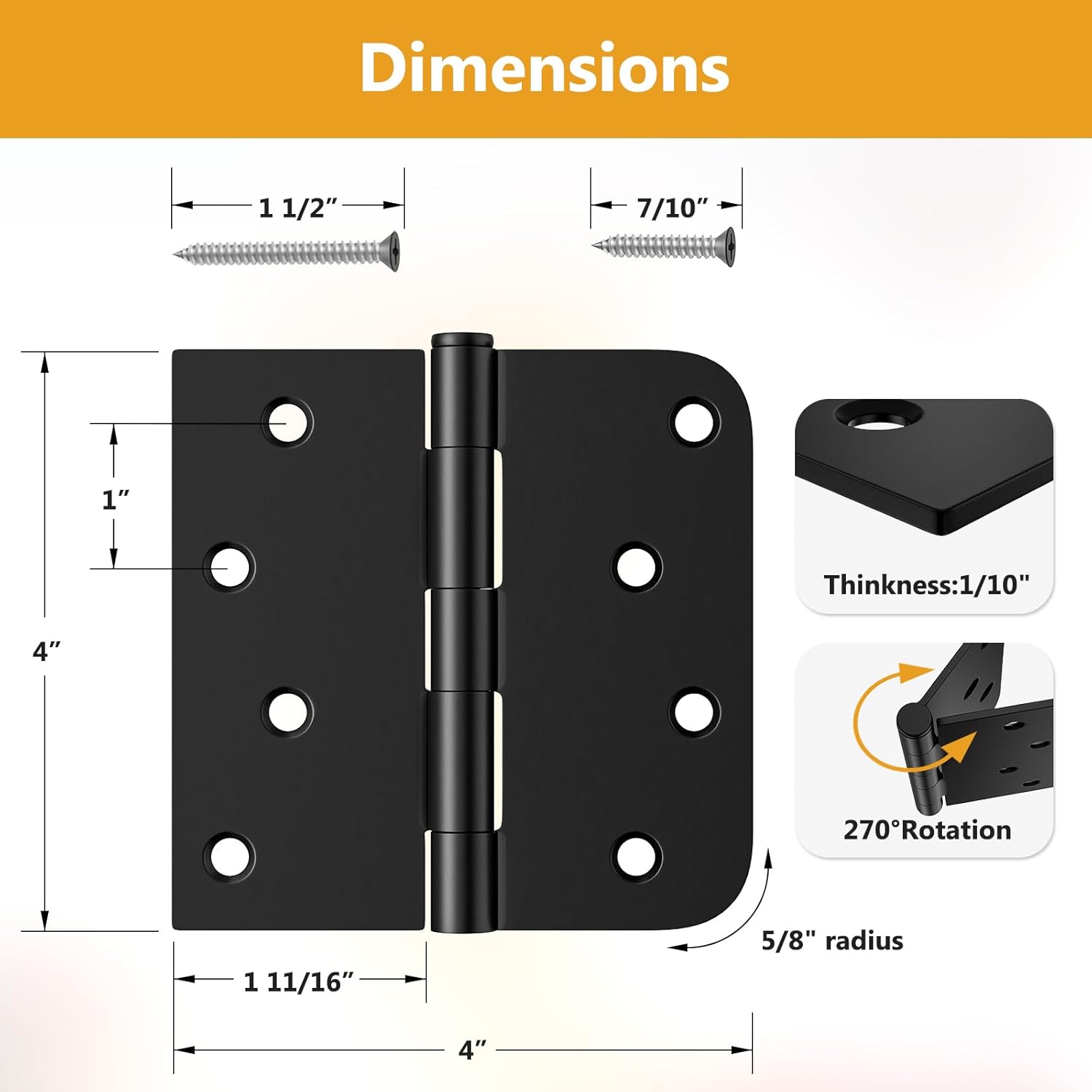 3 Pack Black Door Hinges 4 Inch, Exterior Door Hinges with Square & 5/8" Radius, Removable Pin, Perfect for Heavy-Duty Front & Back Door, Antirust & No Squeaks