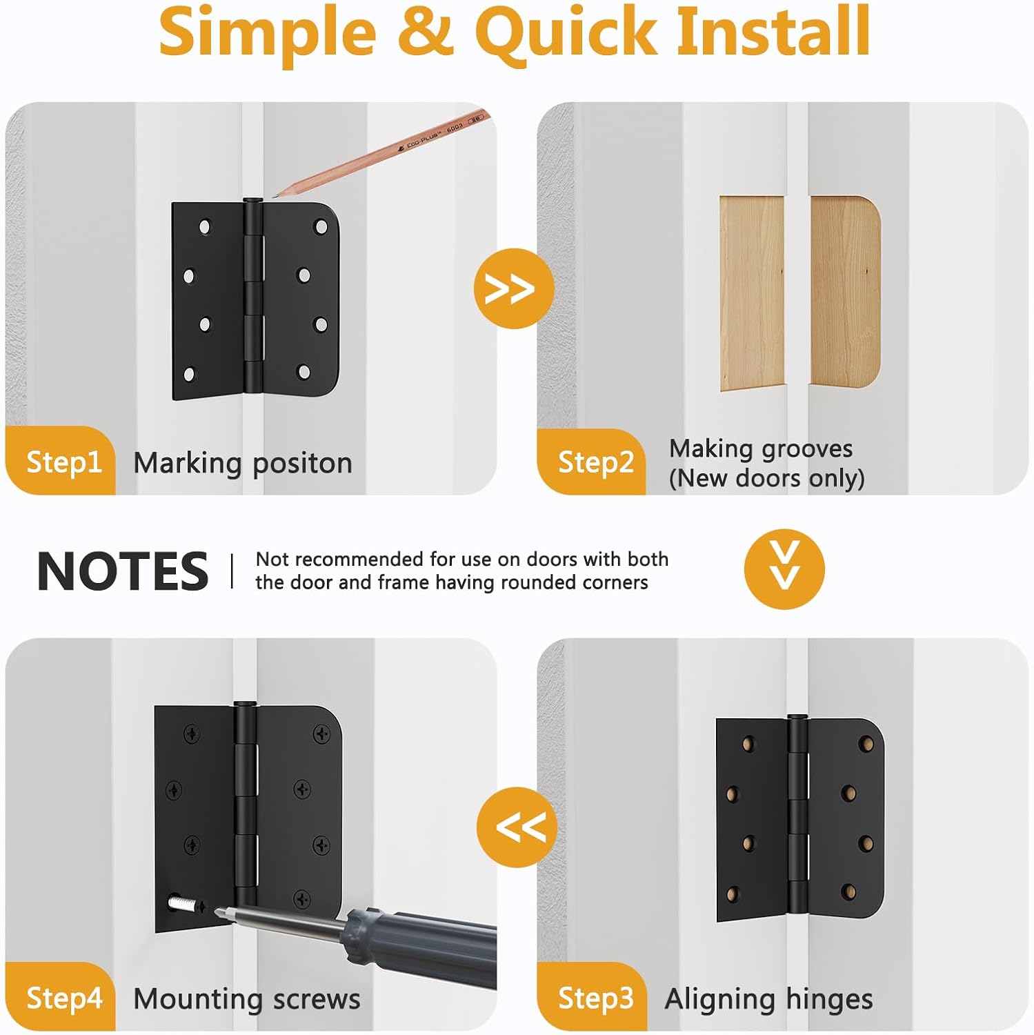 3 Pack Black Door Hinges 4 Inch, Exterior Door Hinges with Square & 5/8" Radius, Removable Pin, Perfect for Heavy-Duty Front & Back Door, Antirust & No Squeaks