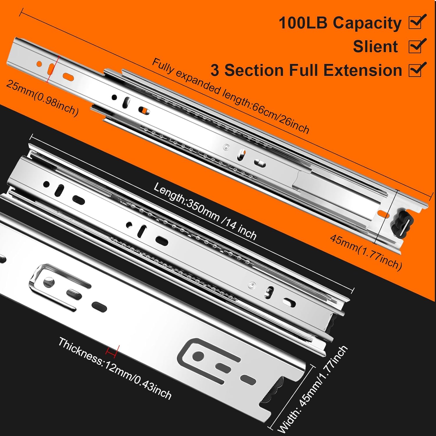 14 inch Drawer Slides 4 Pairs 8pcs 3 fold Full Extension Side Mount Cabinet Drawer Glides 14" Silver Cabinet Rails for Dresser, Cabinet, Kitchen,Trash Can, Wardrobe 100 LB Capacity