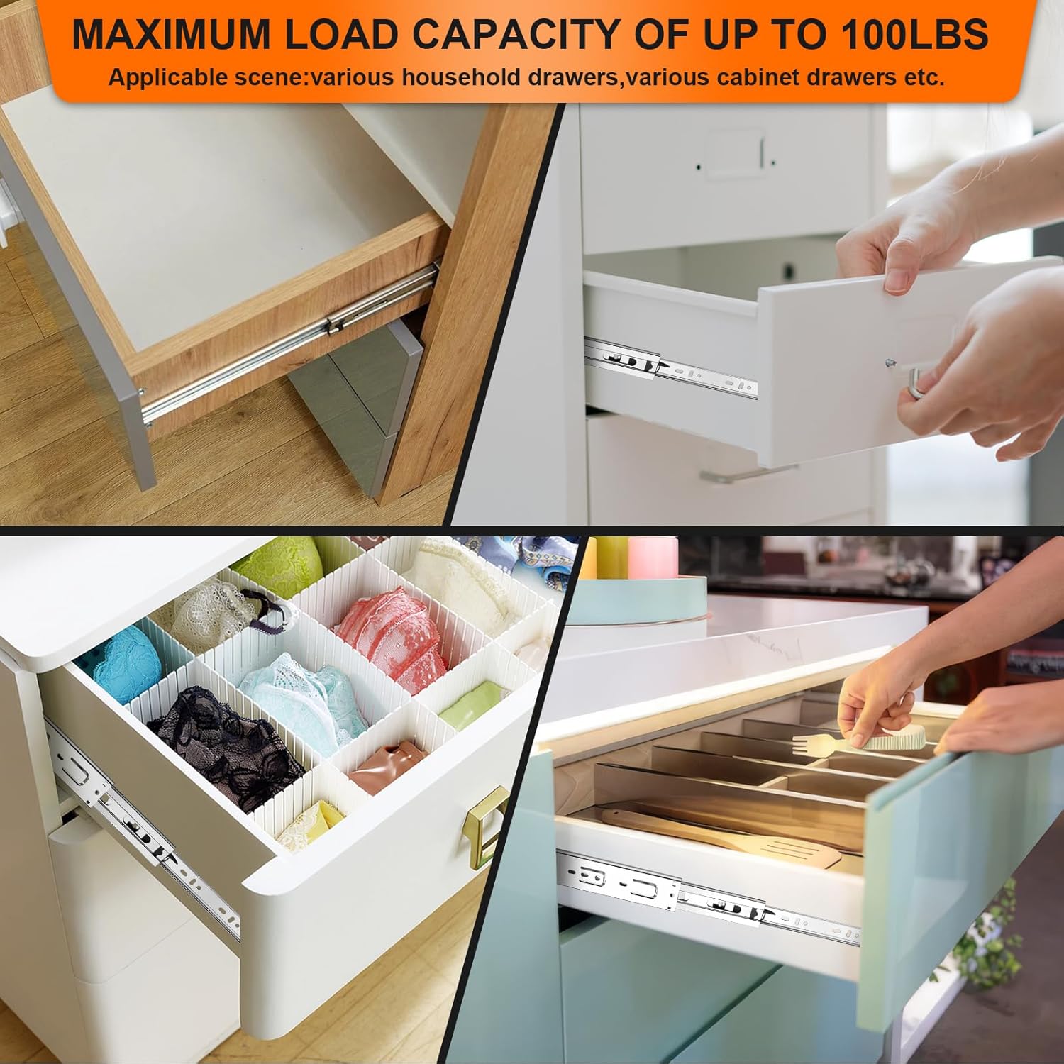 14 inch Drawer Slides 4 Pairs 8pcs 3 fold Full Extension Side Mount Cabinet Drawer Glides 14" Silver Cabinet Rails for Dresser, Cabinet, Kitchen,Trash Can, Wardrobe 100 LB Capacity