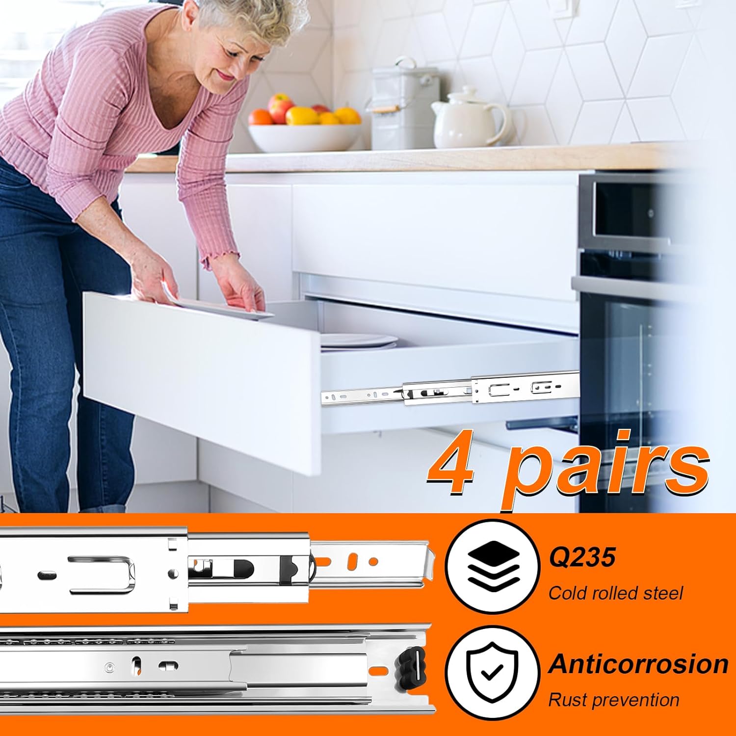 14 inch Drawer Slides 4 Pairs 8pcs 3 fold Full Extension Side Mount Cabinet Drawer Glides 14" Silver Cabinet Rails for Dresser, Cabinet, Kitchen,Trash Can, Wardrobe 100 LB Capacity