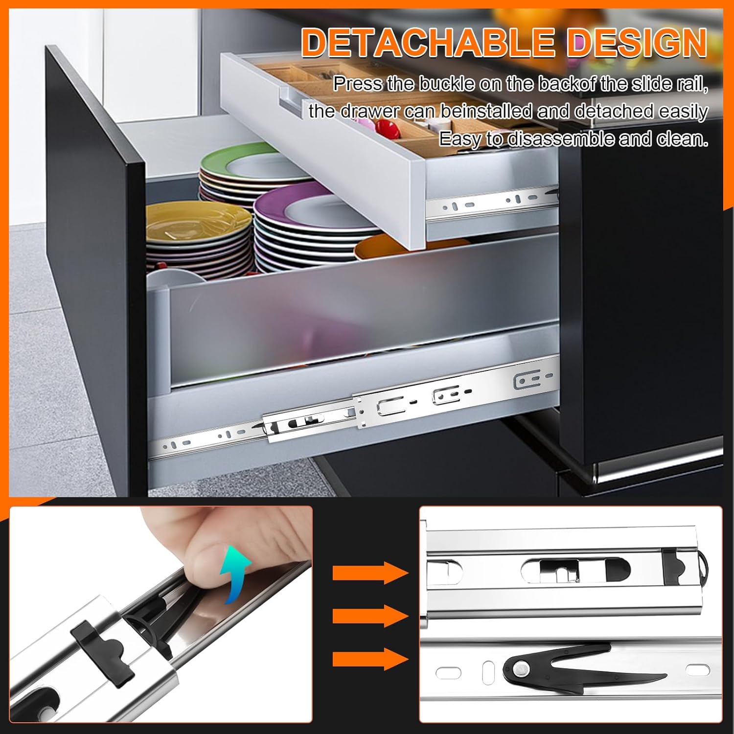 14 inch Drawer Slides 4 Pairs 8pcs 3 fold Full Extension Side Mount Cabinet Drawer Glides 14" Silver Cabinet Rails for Dresser, Cabinet, Kitchen,Trash Can, Wardrobe 100 LB Capacity