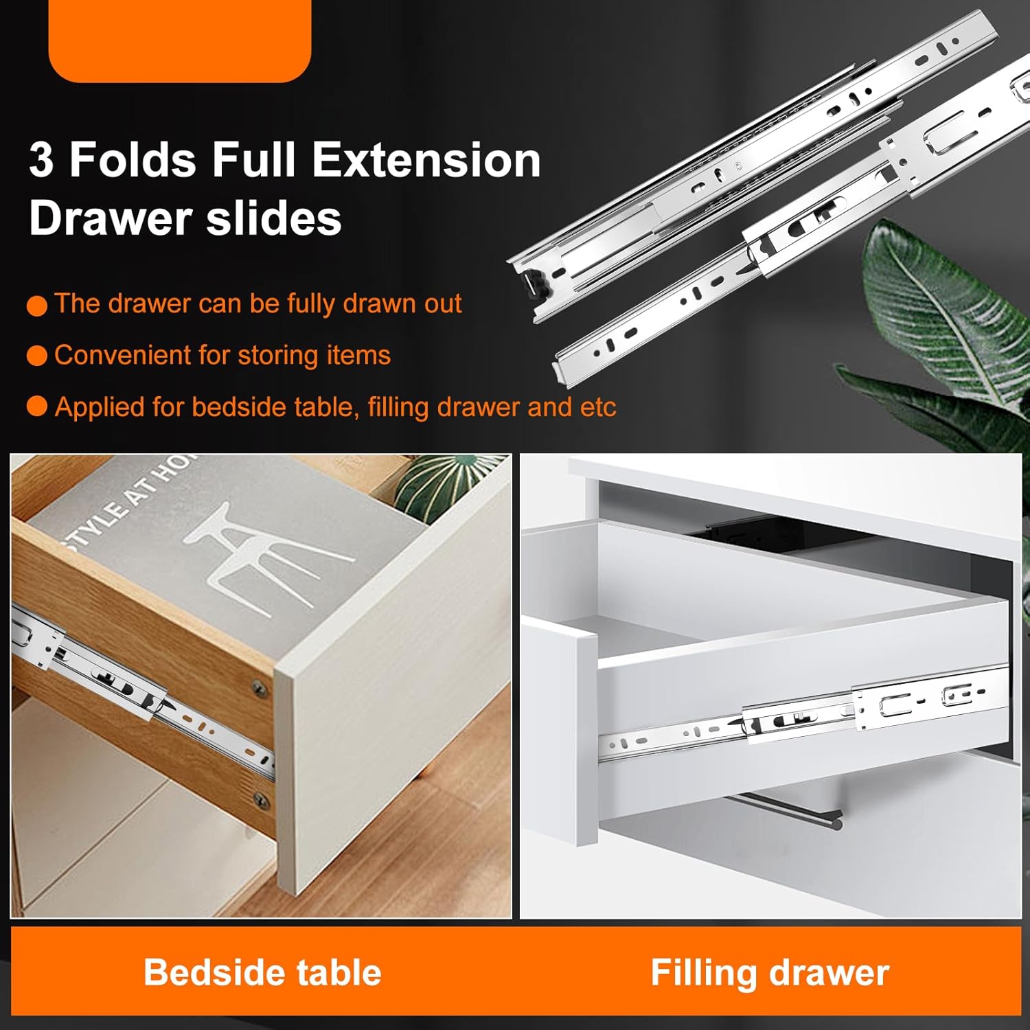 14 inch Drawer Slides 4 Pairs 8pcs 3 fold Full Extension Side Mount Cabinet Drawer Glides 14" Silver Cabinet Rails for Dresser, Cabinet, Kitchen,Trash Can, Wardrobe 100 LB Capacity