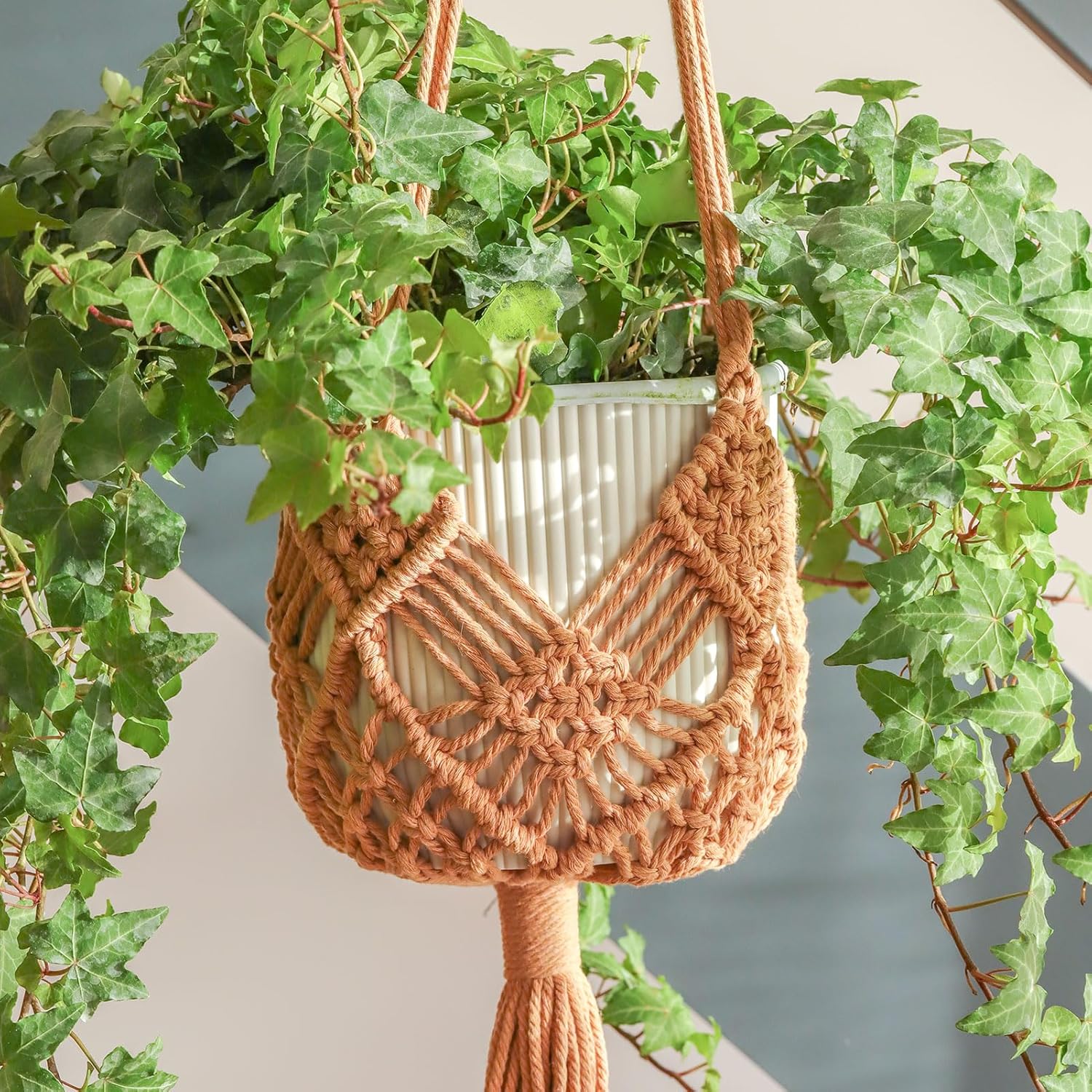 Hanging Planter with Patterns,2Packs Macrame Plant Hangers Indoor Macrame for up to 8 inch Pot Crochet Boho Plant Hanger Holder for Indoor Outdoor with 2S Shaped Stainless Steel Hooks Caramel