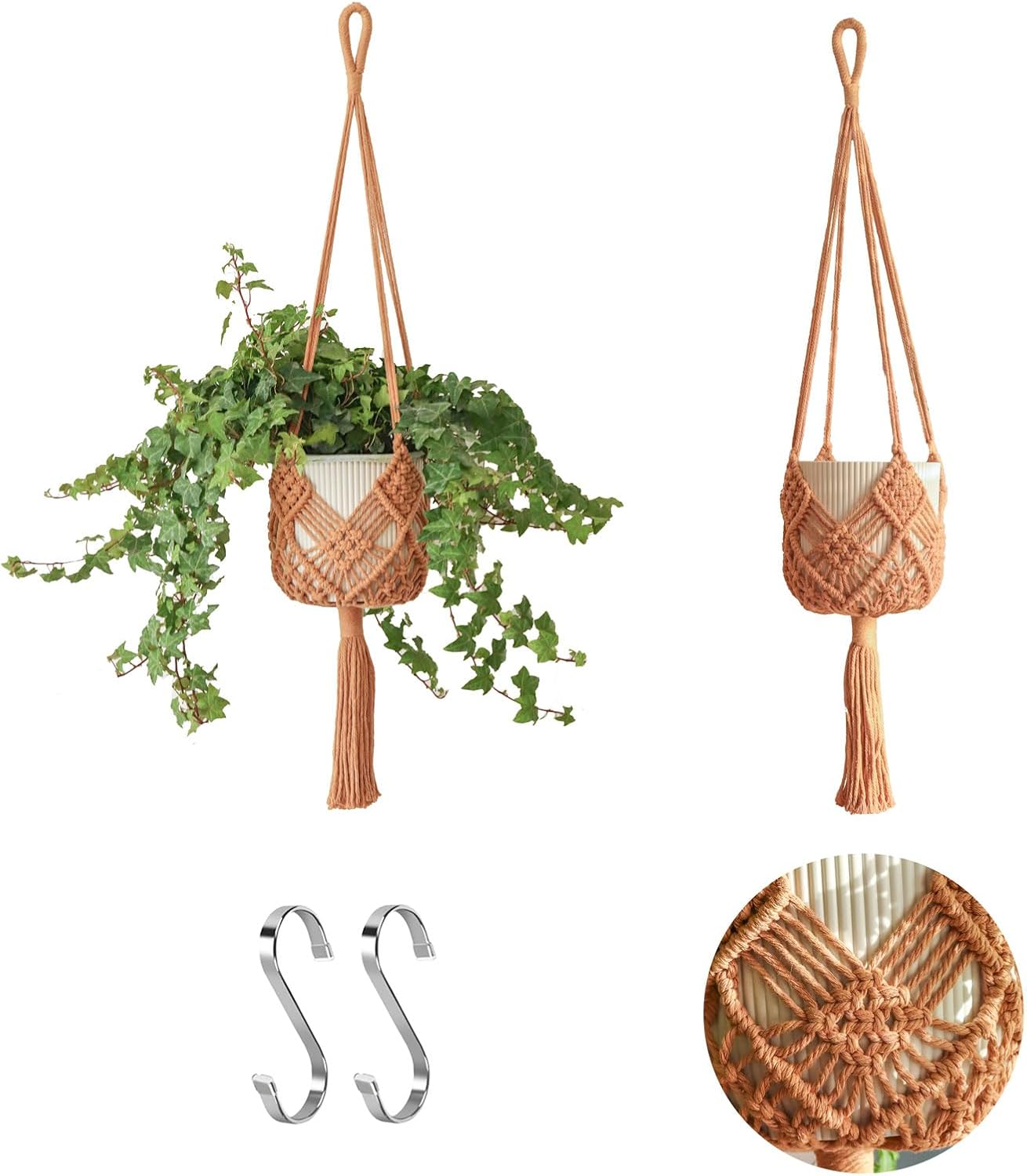 Hanging Planter with Patterns,2Packs Macrame Plant Hangers Indoor Macrame for up to 8 inch Pot Crochet Boho Plant Hanger Holder for Indoor Outdoor with 2S Shaped Stainless Steel Hooks Caramel