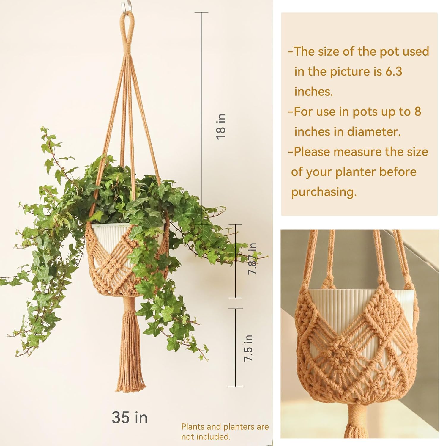 Hanging Planter with Patterns,2Packs Macrame Plant Hangers Indoor Macrame for up to 8 inch Pot Crochet Boho Plant Hanger Holder for Indoor Outdoor with 2S Shaped Stainless Steel Hooks Caramel