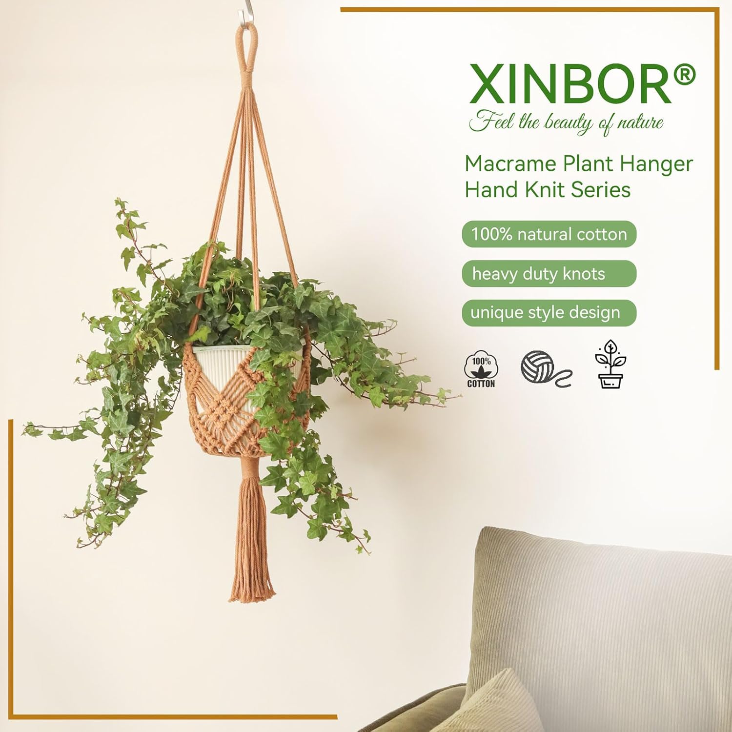 Hanging Planter with Patterns,2Packs Macrame Plant Hangers Indoor Macrame for up to 8 inch Pot Crochet Boho Plant Hanger Holder for Indoor Outdoor with 2S Shaped Stainless Steel Hooks Caramel