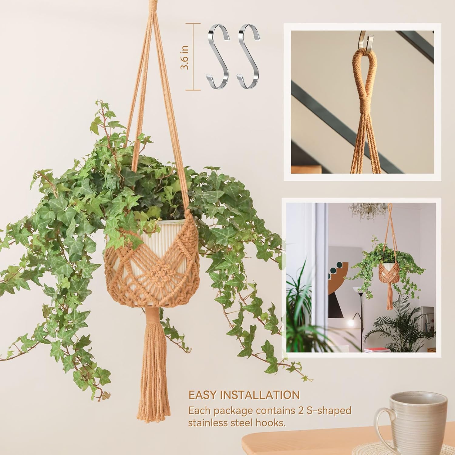 Hanging Planter with Patterns,2Packs Macrame Plant Hangers Indoor Macrame for up to 8 inch Pot Crochet Boho Plant Hanger Holder for Indoor Outdoor with 2S Shaped Stainless Steel Hooks Caramel