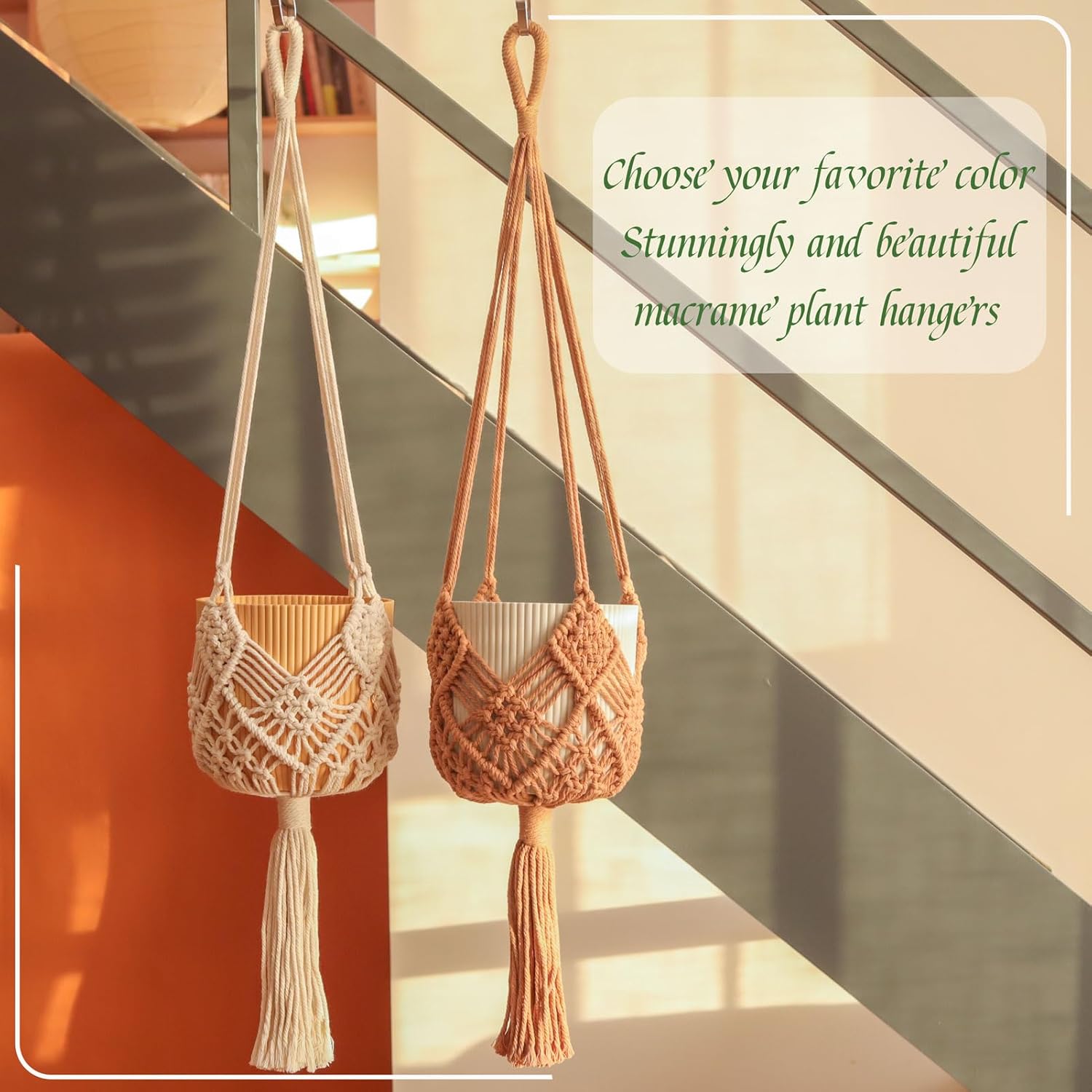Hanging Planter with Patterns,2Packs Macrame Plant Hangers Indoor Macrame for up to 8 inch Pot Crochet Boho Plant Hanger Holder for Indoor Outdoor with 2S Shaped Stainless Steel Hooks Caramel