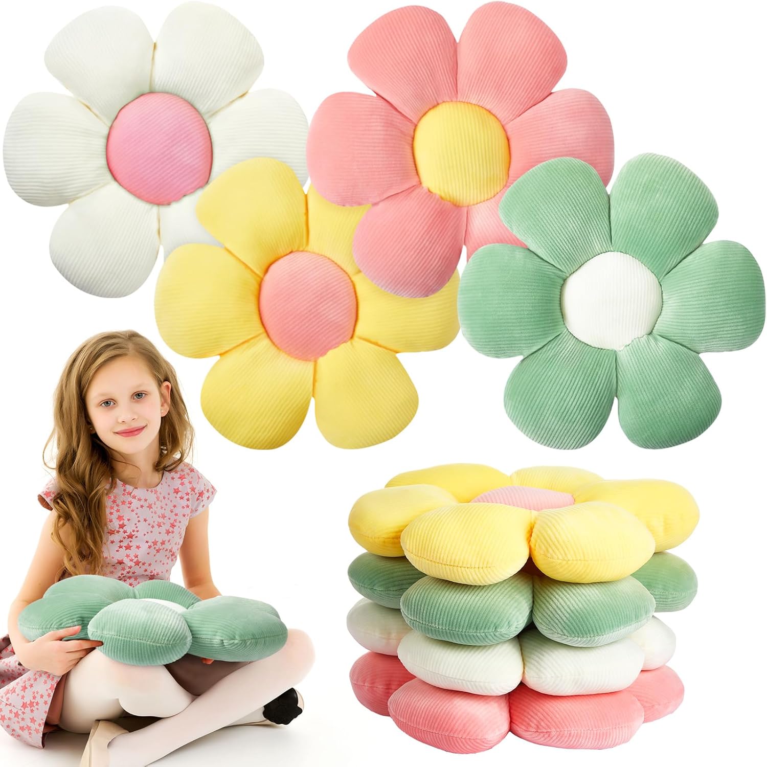 4 Pcs Flower Floor Pillows Cute Plush Flower Throw Pillows Daisy Floor Seat Cushion Chair Pads for Back to School First Day of School for Sofa Couch Bed Decor 15 Inch,Light Color