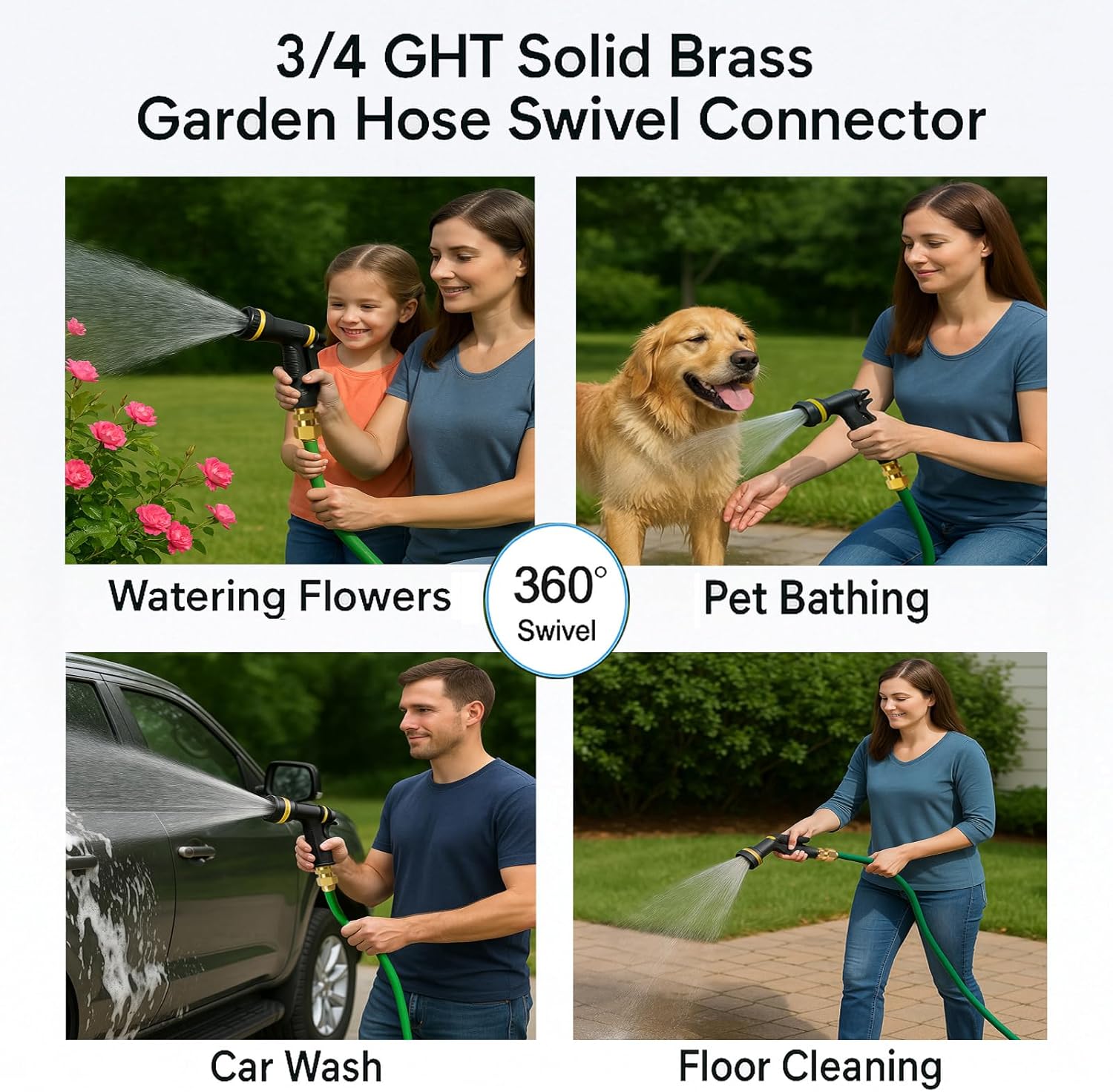 2 Pack Garden Hose Swivel Connector, 3/4" GHT Brass Swivel Hose Connector, 360° Male to Female Hose Adapter, Anti-Kink Garden Hose Fittings, No-Leak Design with Washer and PTFE Tape
