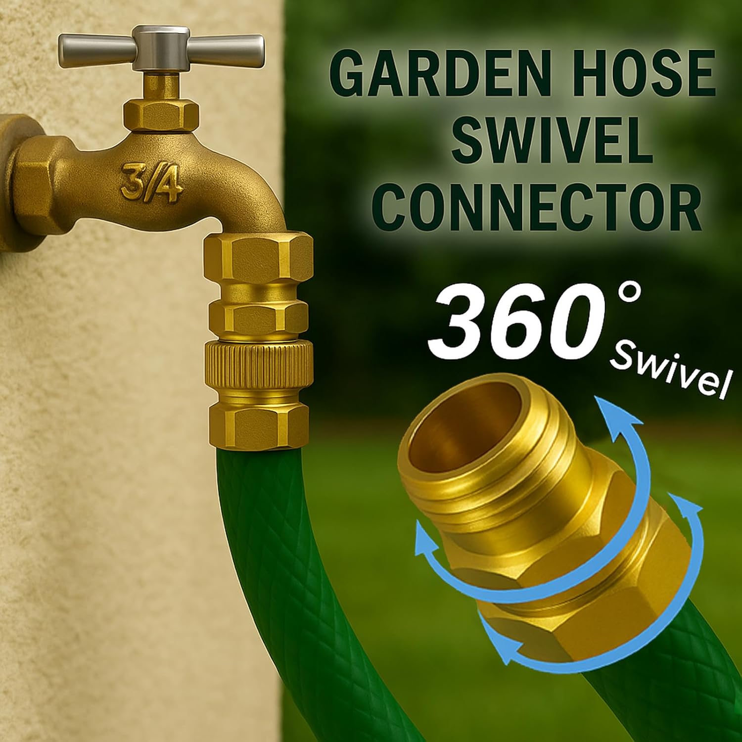 2 Pack Garden Hose Swivel Connector, 3/4" GHT Brass Swivel Hose Connector, 360° Male to Female Hose Adapter, Anti-Kink Garden Hose Fittings, No-Leak Design with Washer and PTFE Tape
