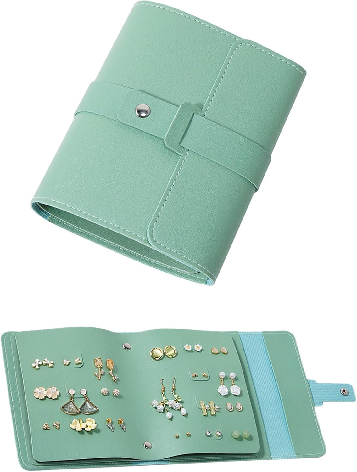 Earring Holder Organizer with Foldable Book Design Jewelry Book Organizer, Portable Pu Leather Travel Earring Case Green