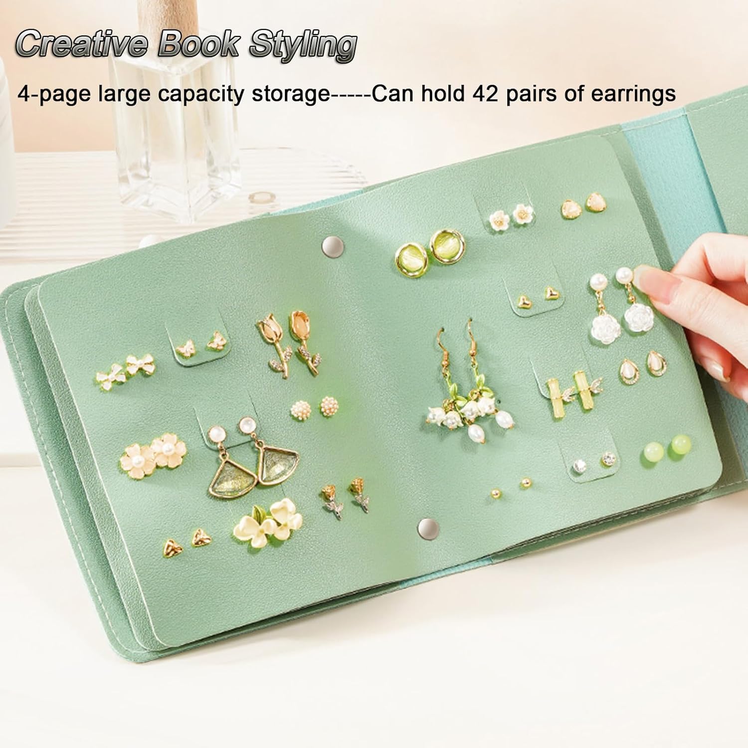 Earring Holder Organizer with Foldable Book Design Jewelry Book Organizer, Portable Pu Leather Travel Earring Case Green