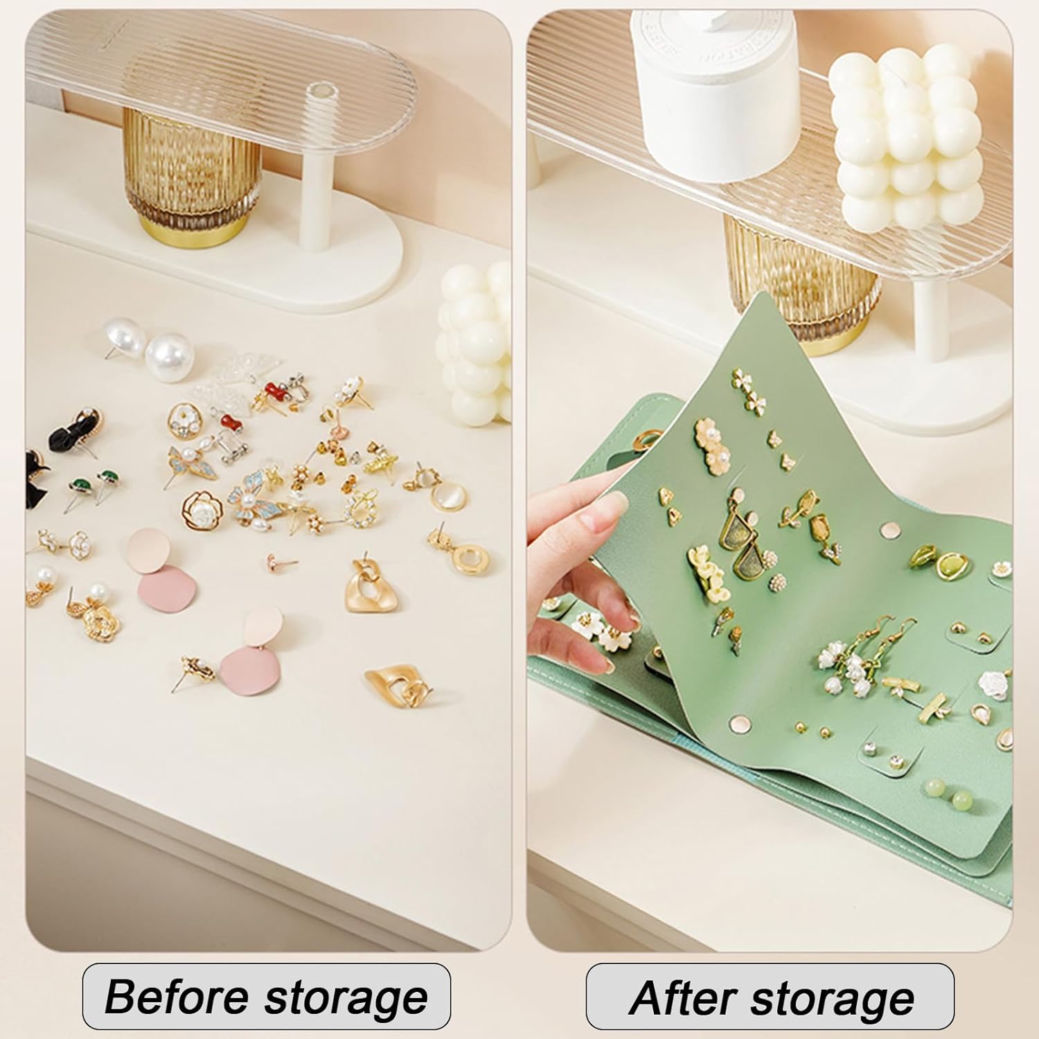 Earring Holder Organizer with Foldable Book Design Jewelry Book Organizer, Portable Pu Leather Travel Earring Case Green