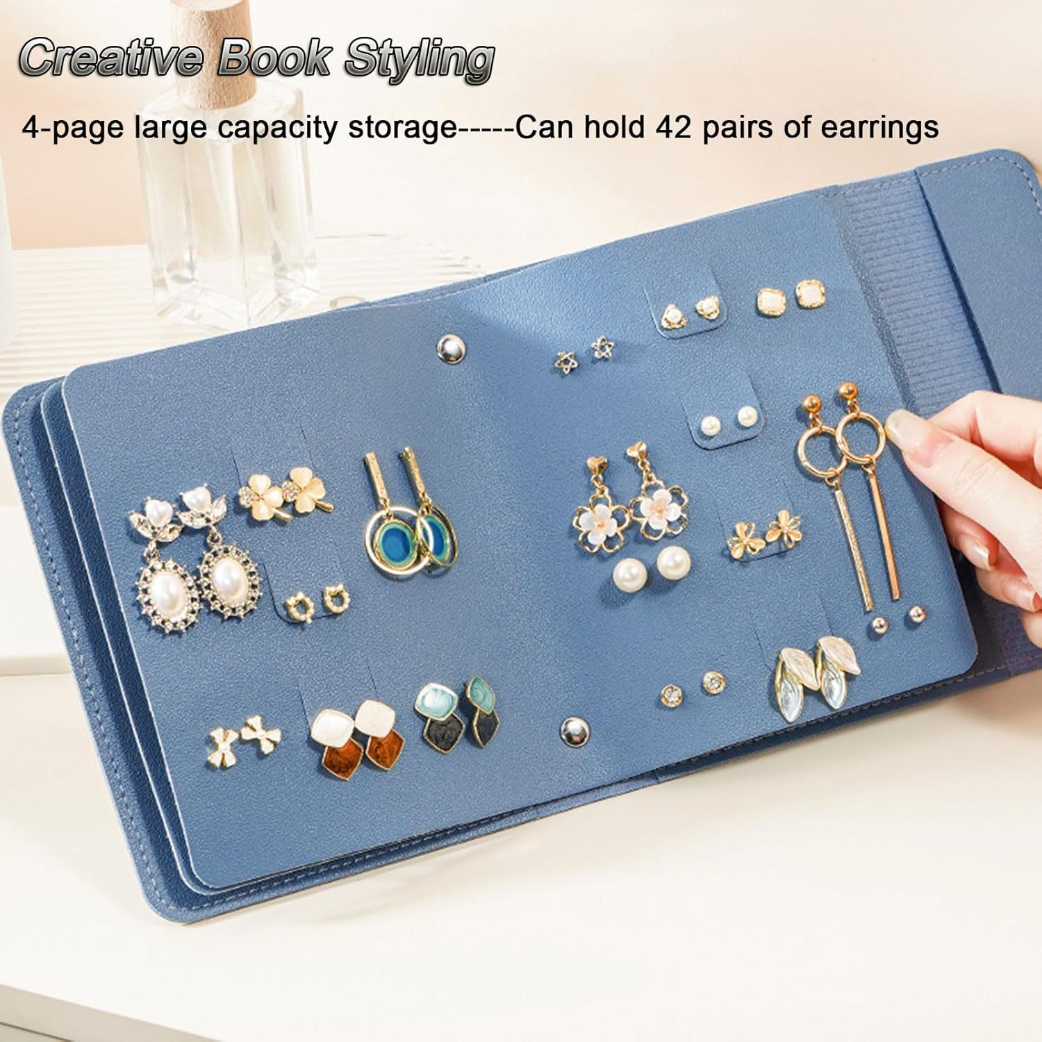 Earring Holder Organizer with Foldable Book Design Jewelry Book Organizer, Portable Pu Leather Travel Earring Case Blue