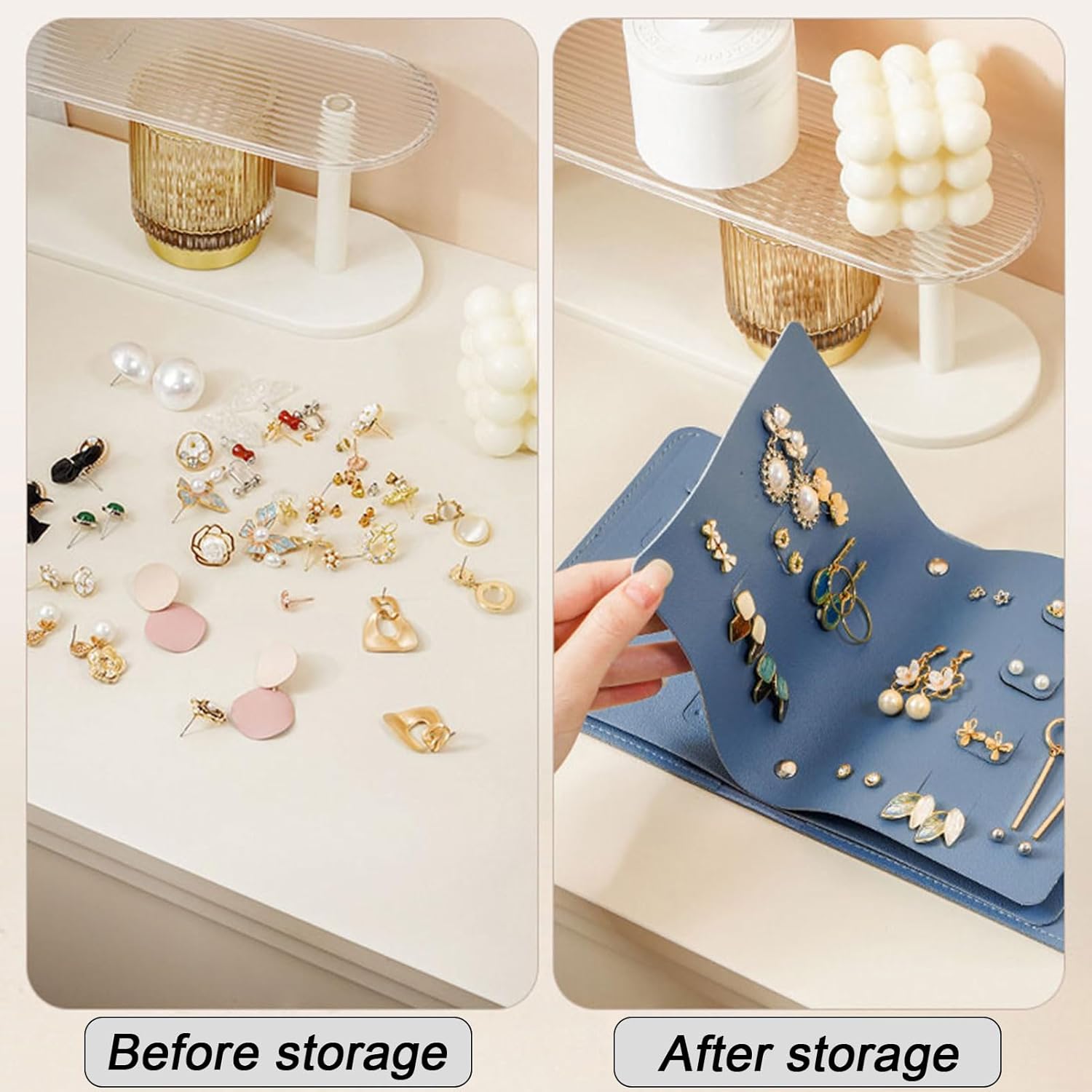 Earring Holder Organizer with Foldable Book Design Jewelry Book Organizer, Portable Pu Leather Travel Earring Case Blue