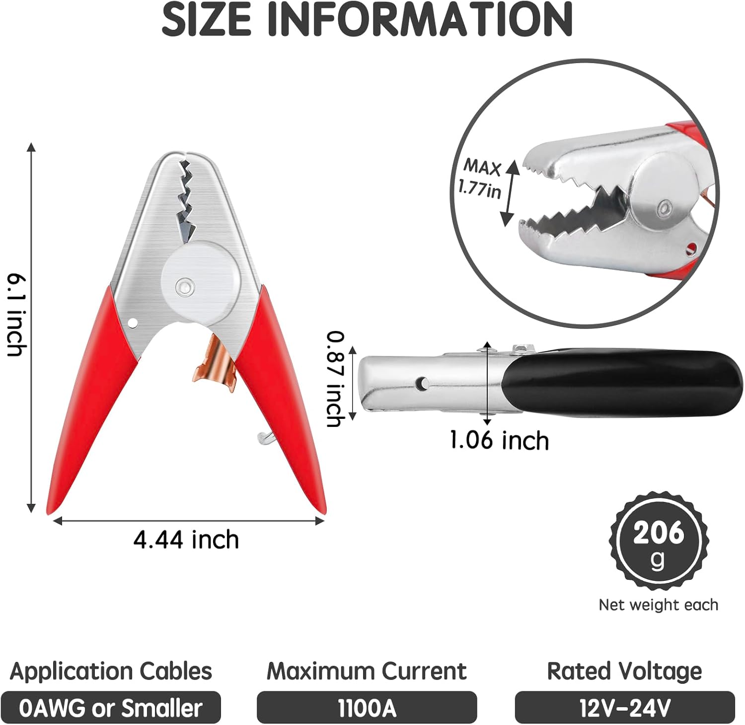 Jumper Cable Clamps Heavy Duty 4 Pcs, Battery Clamps 1100A Jumper Cable Ends 6 Inch Battery Charger Ends Alligator Clips Electrical for Replacement Under 0 AWG Wires 12V/24V by