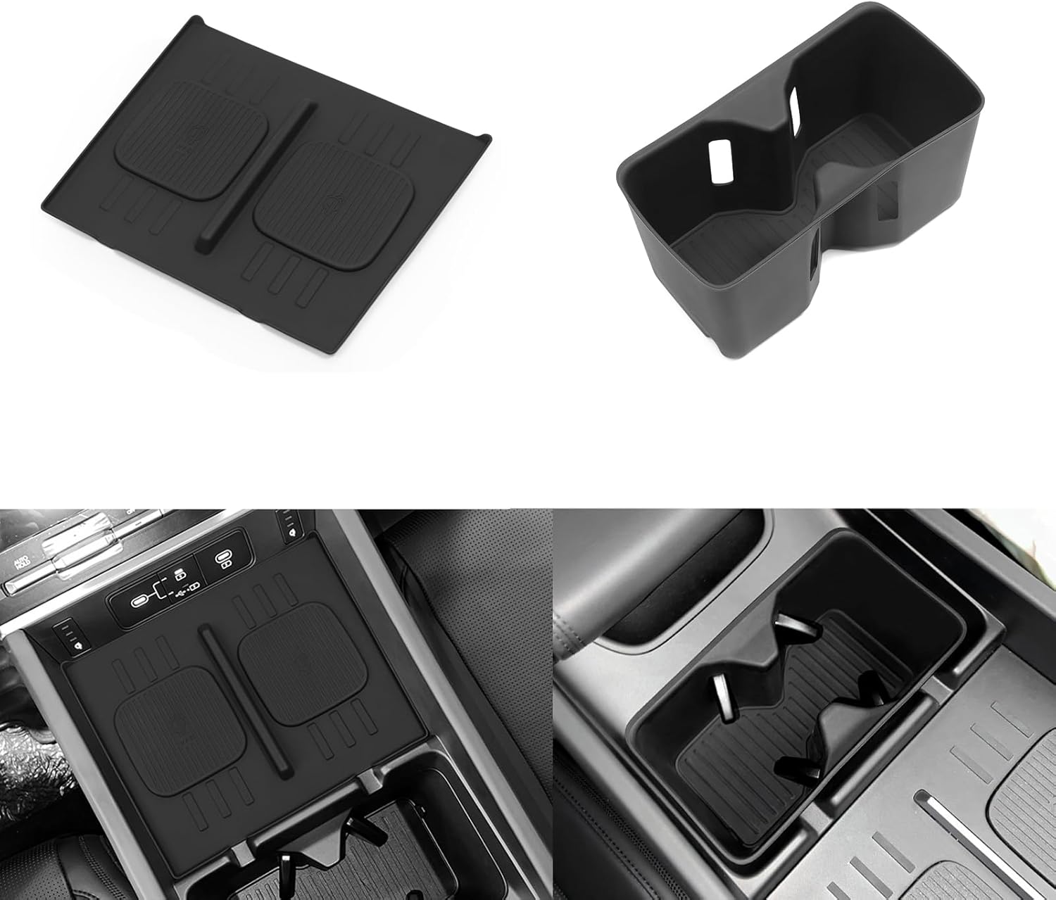 for 2024 2025 2026 Hyundai Santa Fe Not for Hyundai Tucson Center Console Silicone Water Cup Holder Insert with Wireless Charging Pad Protector 2PCS Black for Santa Fe Accessories