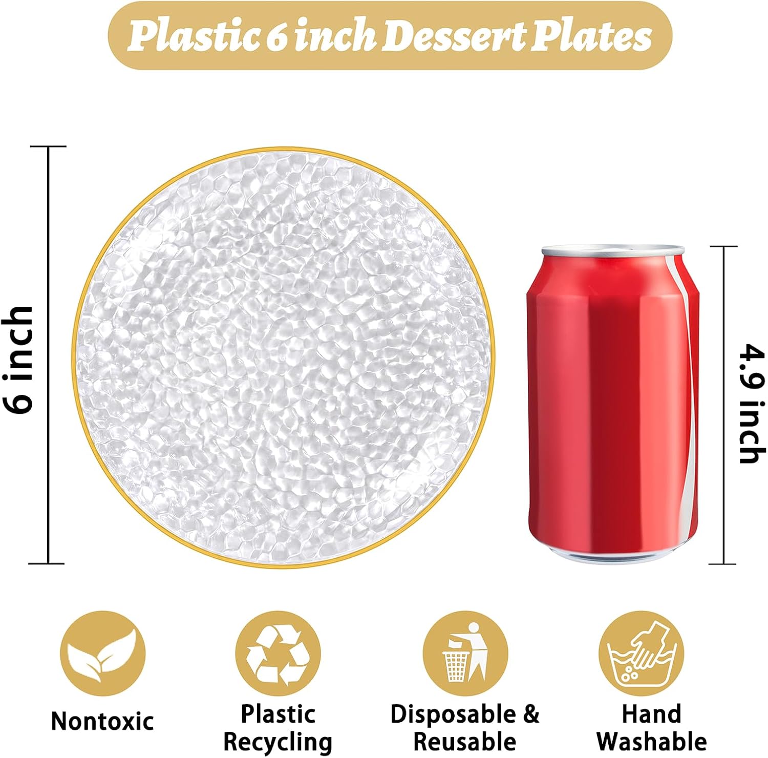 100 Pack Clear Gold Plastic Dessert Plates, 6Inch Clear Gold Small Appetizer Plates With Hammered, Heavy Duty Disposable Salad Plate, Elegant Cake Platos for Wedding, Birthday, Teatime