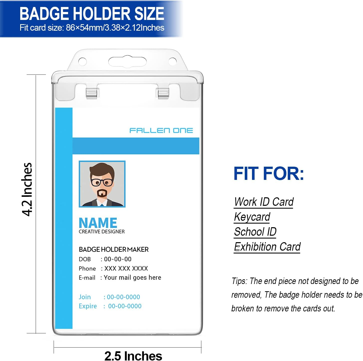 Clear ID Badge Holder Hard Plastic ID Holder for Lanyard by , Permanent Locking, Vertical, 10 Pack