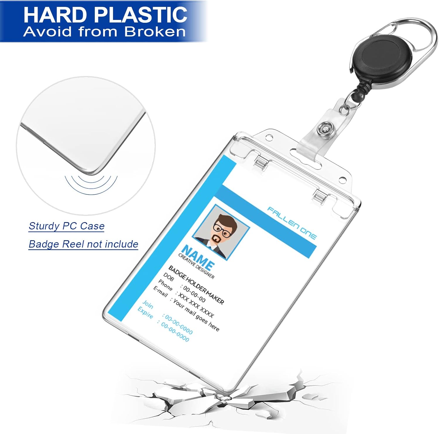 Clear ID Badge Holder Hard Plastic ID Holder for Lanyard by , Permanent Locking, Vertical, 10 Pack
