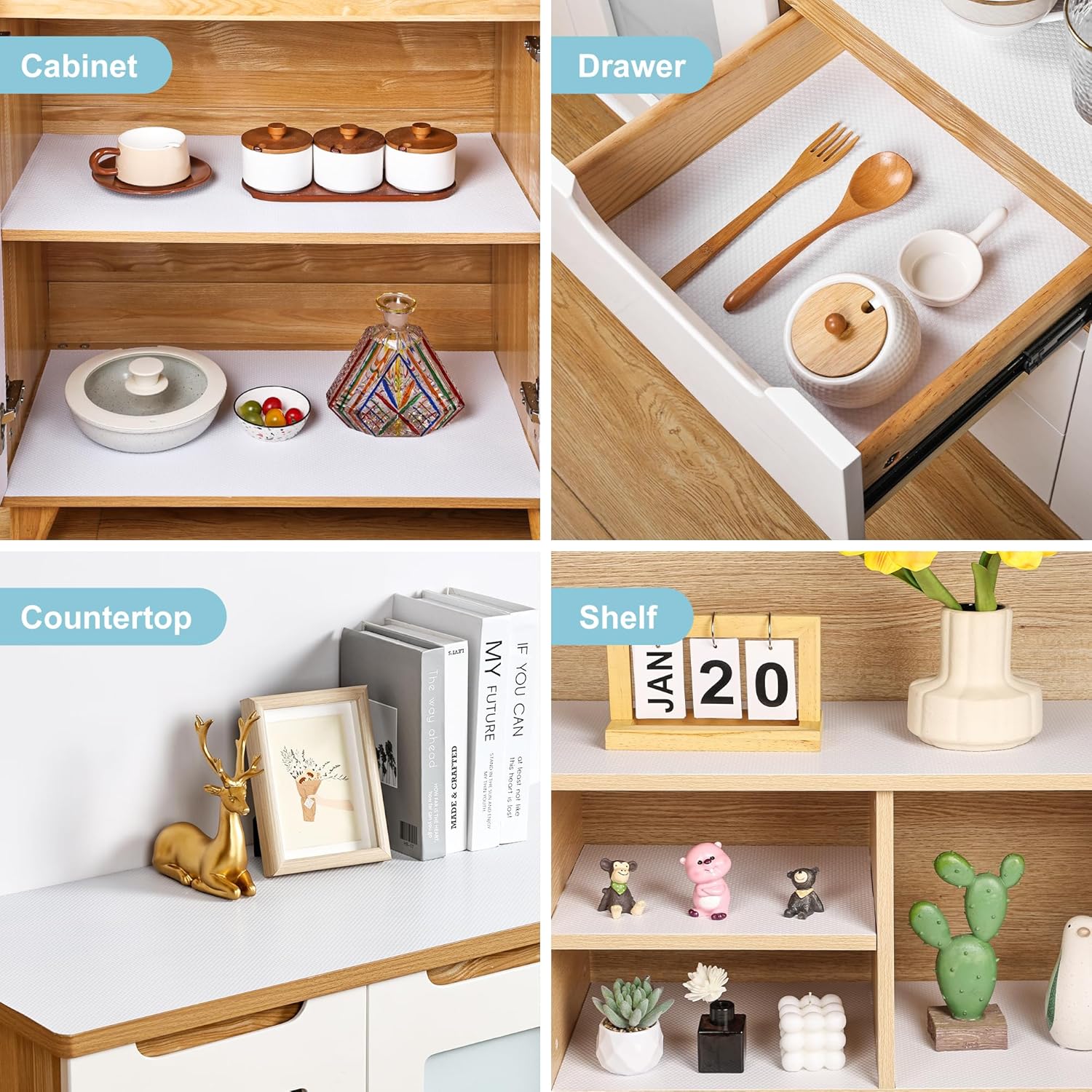 Cabinet Shelf Liner Peel and Stick: Self Adhesive Cabinets Paper - 15.7 in x 12 FT Non-Slip White Drawers Liners - Easy to Cut, Removable, Cupboard Liner for Pantry Shelves, Countertops