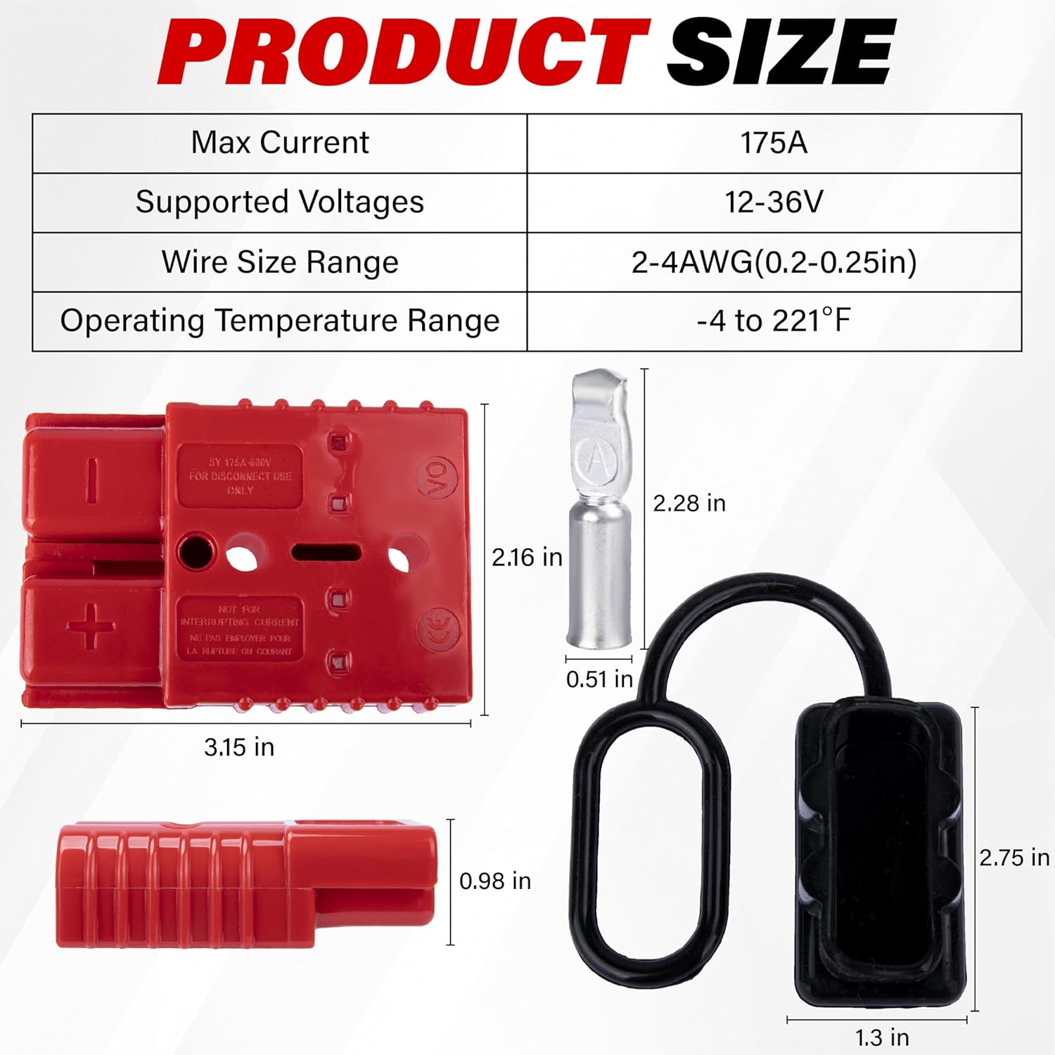 Anderson Connector 2 Pcs, 175 Amp 12v Batteries Quick Connect/Disconnect Plug Kit, Connectors for 1/0 AWG Cables, for Car Bike ATV Winches Lifts Motors More, Red