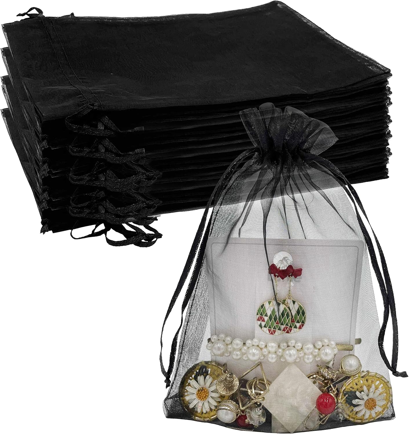 100PCS Sheer Organza Bag 5''X7'' Black Mesh Bags Drawstring Gift Bag Small for Jewelry Goodie Candy Wedding Party Favor Pouch Bags Black