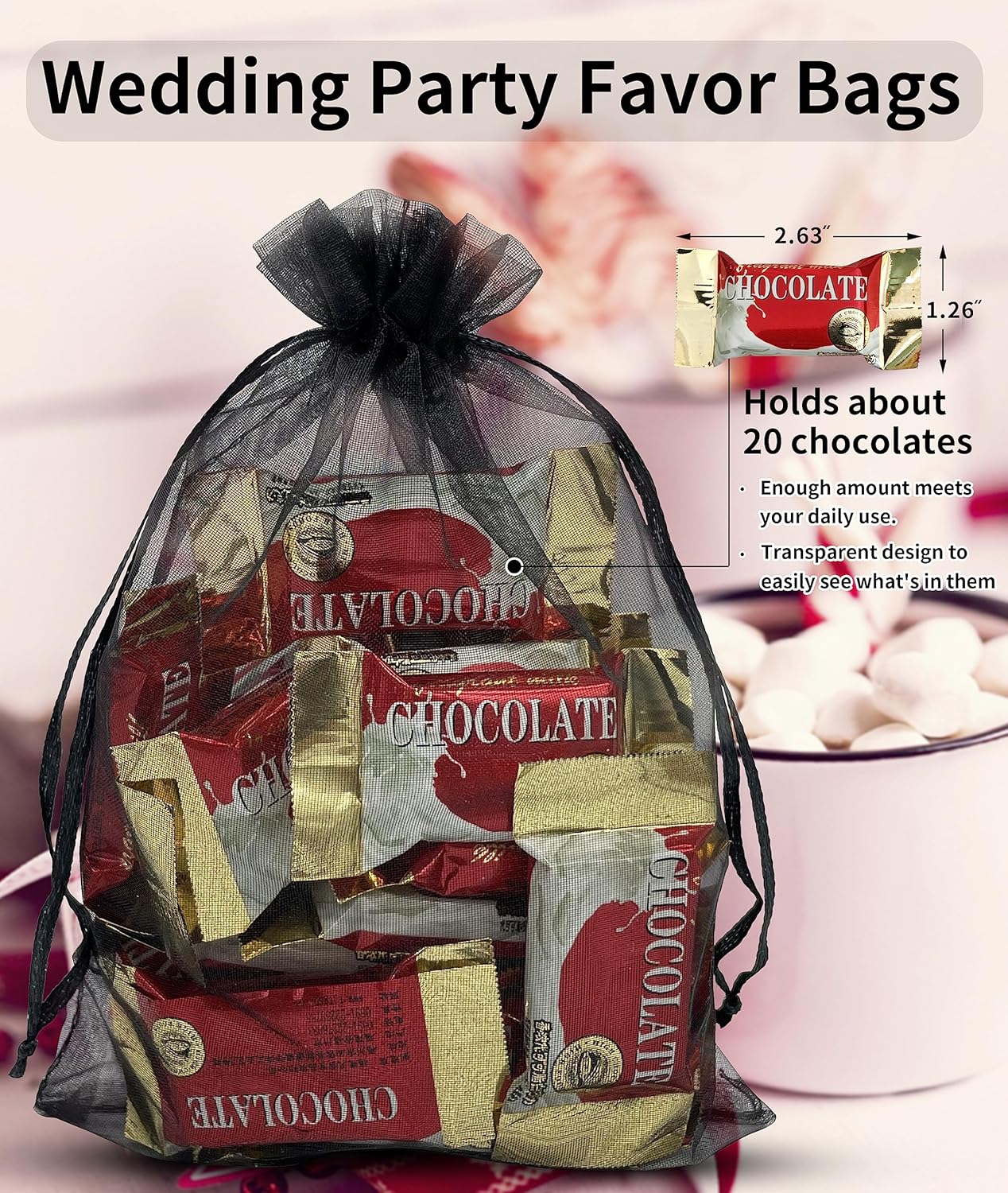 100PCS Sheer Organza Bag 5''X7'' Black Mesh Bags Drawstring Gift Bag Small for Jewelry Goodie Candy Wedding Party Favor Pouch Bags Black