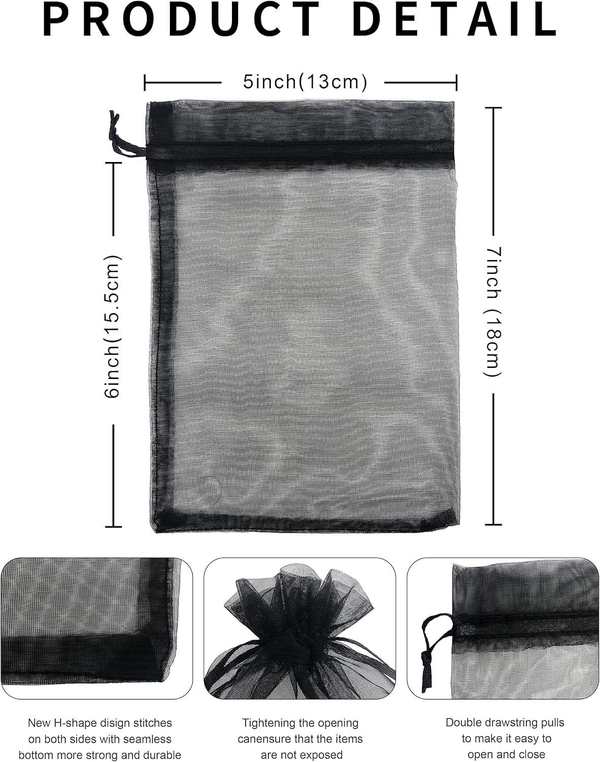 100PCS Sheer Organza Bag 5''X7'' Black Mesh Bags Drawstring Gift Bag Small for Jewelry Goodie Candy Wedding Party Favor Pouch Bags Black