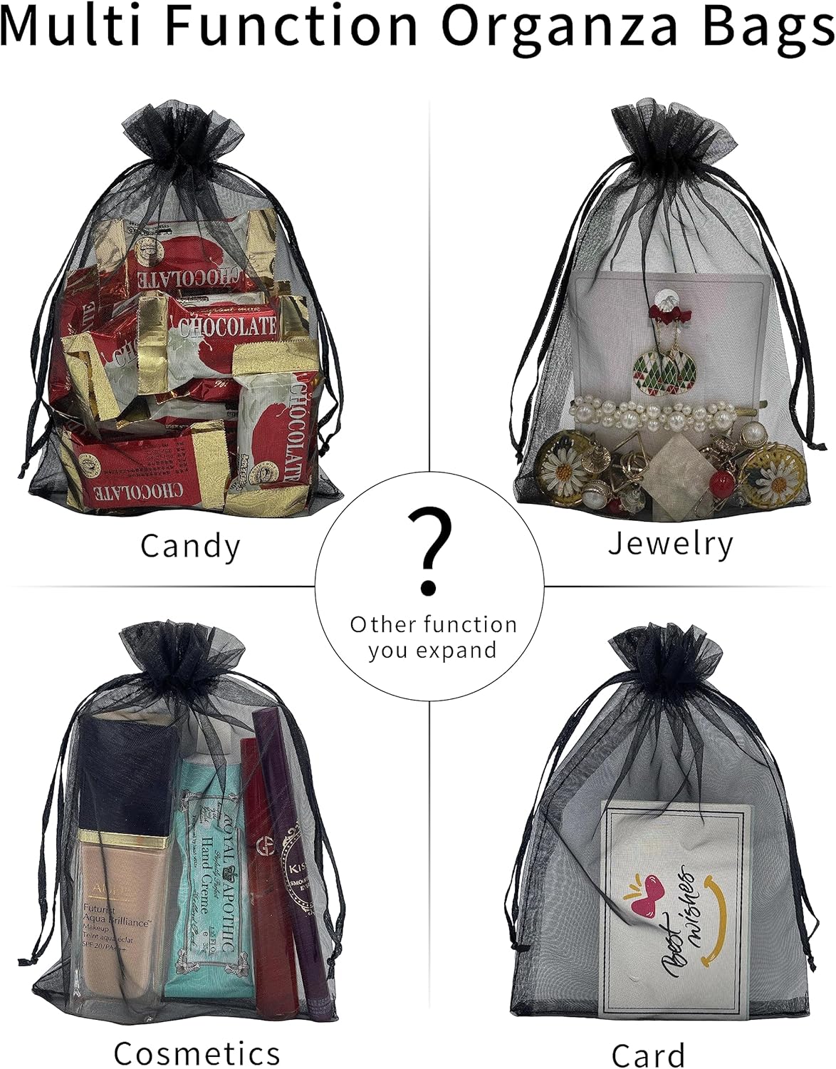 100PCS Sheer Organza Bag 5''X7'' Black Mesh Bags Drawstring Gift Bag Small for Jewelry Goodie Candy Wedding Party Favor Pouch Bags Black
