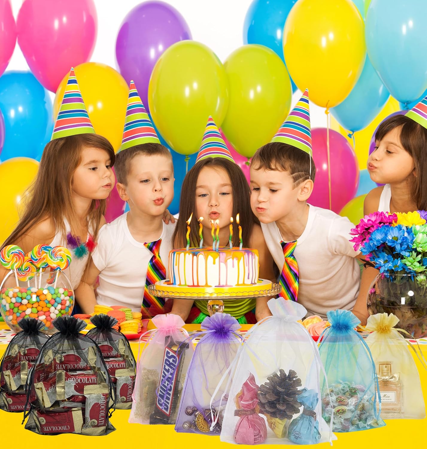 100PCS Sheer Organza Bag 5''X7'' Black Mesh Bags Drawstring Gift Bag Small for Jewelry Goodie Candy Wedding Party Favor Pouch Bags Black