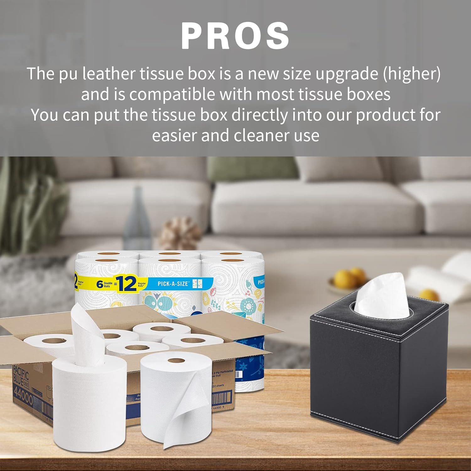 PU Leather Tissue Box Cover Square,Upgrade Large Size Napkin Holder Pumping Paper Case Dispenser,Facial Tissue Holder with Magnetic Bottom for Home Office Car Hotel Restaurant Black Black-1