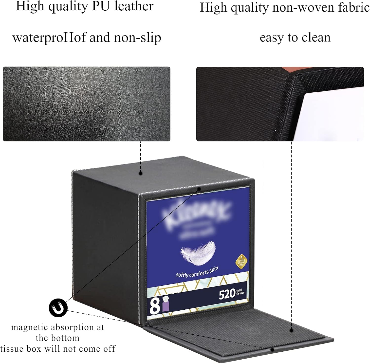 PU Leather Tissue Box Cover Square,Upgrade Large Size Napkin Holder Pumping Paper Case Dispenser,Facial Tissue Holder with Magnetic Bottom for Home Office Car Hotel Restaurant Black Black-1
