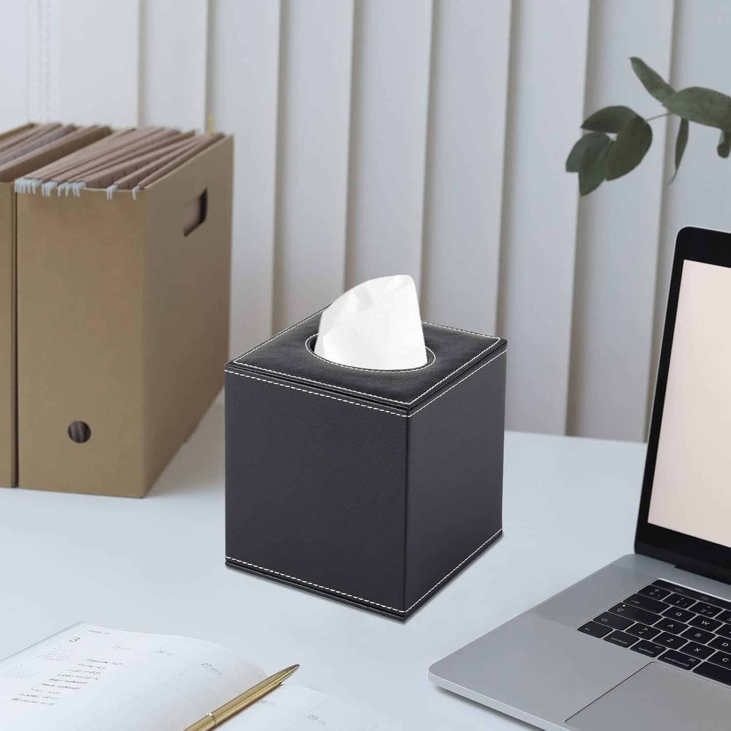 PU Leather Tissue Box Cover Square,Upgrade Large Size Napkin Holder Pumping Paper Case Dispenser,Facial Tissue Holder with Magnetic Bottom for Home Office Car Hotel Restaurant Black Black-1
