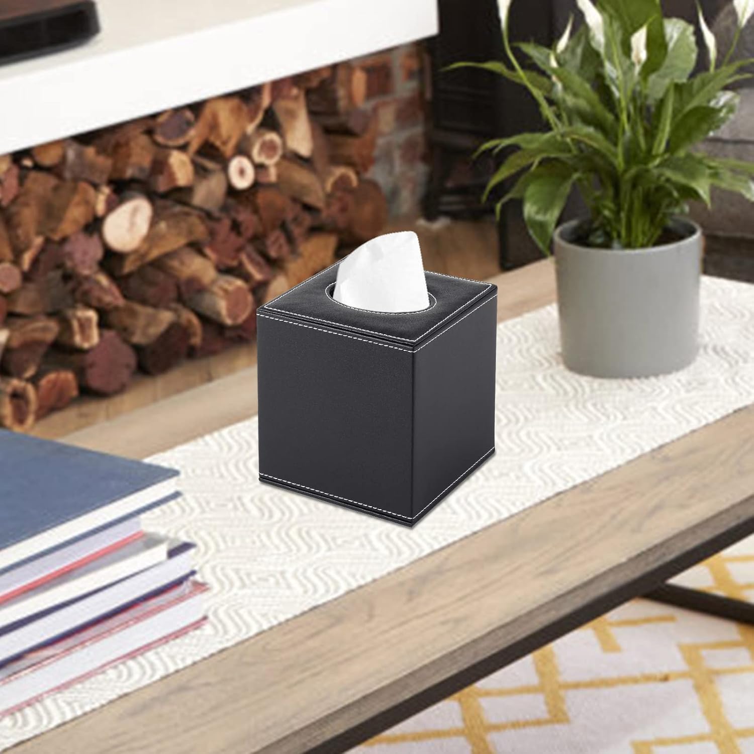 PU Leather Tissue Box Cover Square,Upgrade Large Size Napkin Holder Pumping Paper Case Dispenser,Facial Tissue Holder with Magnetic Bottom for Home Office Car Hotel Restaurant Black Black-1