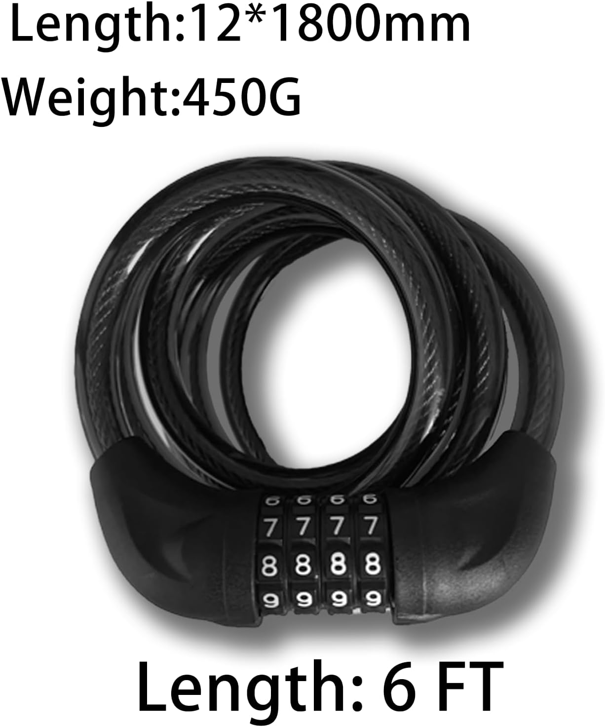 Bike Cable Lock 6FT Long, 4 Digit Resettable Combination Lock, Heavy Duty Steel Cable with Waterproof Vinyl Coating Anti Theft Security Lock for Road Bike E-Bike Scooter Fence Gate Toolbox
