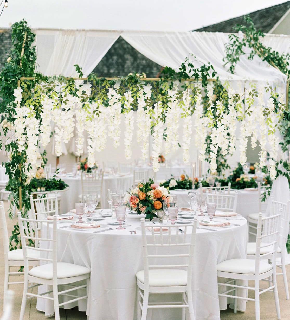 12Pack Wisteria Hanging Artificial Flowers 3.6ft Wisteria Silk Flowers Garland Fake Bushy Vine Faux Ratta String for Wedding Arch Party Garden Greenery Home Wall Backdrop Decor Milk White