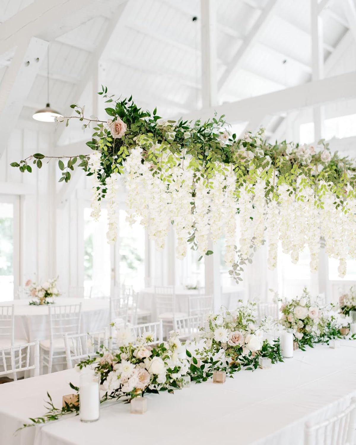 12Pack Wisteria Hanging Artificial Flowers 3.6ft Wisteria Silk Flowers Garland Fake Bushy Vine Faux Ratta String for Wedding Arch Party Garden Greenery Home Wall Backdrop Decor Milk White