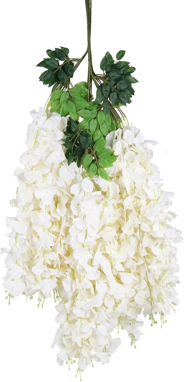 12Pack Wisteria Hanging Artificial Flowers 3.6ft Wisteria Silk Flowers Garland Fake Bushy Vine Faux Ratta String for Wedding Arch Party Garden Greenery Home Wall Backdrop Decor Milk White
