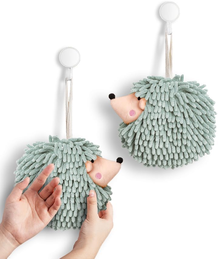 Fuzzy Ball Hand Towels Set of 2 - Dry Your Hands conveniently with This Creative Hand Towel Hedgehog Decorative Towels for Bathroom Pack of 2, Mint