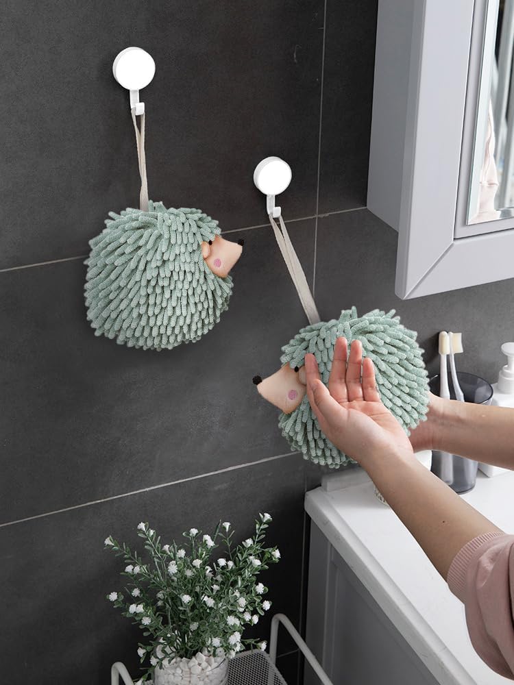 Fuzzy Ball Hand Towels Set of 2 - Dry Your Hands conveniently with This Creative Hand Towel Hedgehog Decorative Towels for Bathroom Pack of 2, Mint